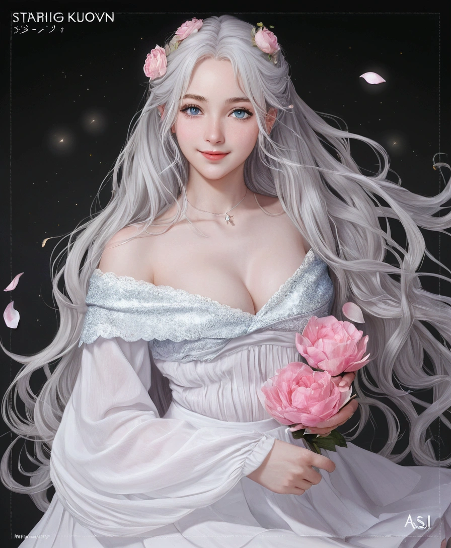 NSFW,realistic image, detailed image, coherent image, 1 beautiful girl, she has very long hair, white hair, light blue eyes, smiling expression. She is wearing a long-sleeved t-shirt, showing her navel, a pleated miniskirt, sneakers, She has a curvy body, medium breasts and thick thighs, She is posing sensually, lifting her skirt a little, arching her back, black background, uniform background, starry night, flower petals falling around, Soft focus, full body view, Dramatic shadows, Volumetric lighting, natural lighting,Alisa Mikhailovna Kujou,ahoge