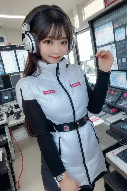 masterpiece, Highest quality, Very detailed, 8K Portrait,Japanese Android Girl,plump , Control panel,Robotic arms and legs, Blunt bangs,,break (Metallic Gray, Metallic luster, Mirror finish, Astro Best):5,headphone:5,break (Black sleeves):100,Smart Watches,Futuristic space station,Control Room,break headphone,blue eyes,(Black Hair):2,(Long Hair):1.3,Viewer Display,(respirator),break blush:3,Hidden Hand,smile