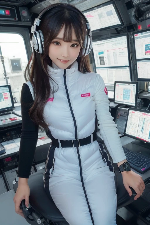 masterpiece, Highest quality, Very detailed, 8K Portrait,Japanese Android Girl,plump , Control panel,Robotic arms and legs, Blunt bangs,,break (Metallic Gray, Metallic luster, Mirror finish, Astro Best):5,headphone:5,break (Black sleeves):100,Smart Watches,Futuristic space station,Control Room,break headphone,blue eyes,(Black Hair):2,(Long Hair):1.3,Viewer Display,(respirator),break blush:3,Hidden Hand,smile