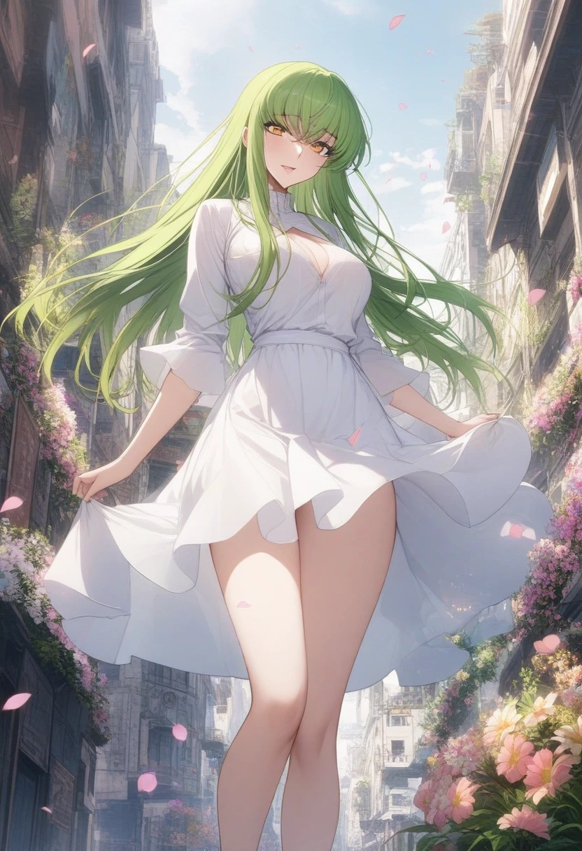 masterpiece, best quality, very aesthetic, absurdres, 1girl, mature_lady,white_dress,(cum_on_body:1.3),,c.c(code_geass), 1girl, crossed_bangs, eyes_visible_through_hair, green_hair, medium_breasts, straight_hair, very_long_hair, yellow_eyes,,in a city floating in sky,surrounding by flowers,falling_petals, petals,,