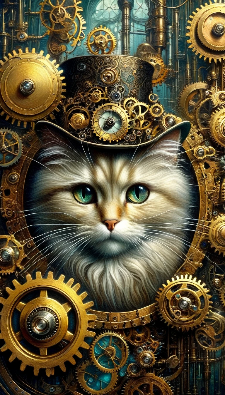 a cat in clockwork theme, oil painting, highly detailed, intricate gears, cogs, and mechanisms, surreal landscape, steampunk elements, dramatic lighting, cinematic composition, muted color palette, realistic textures, masterpiece, award-winning art, (best quality,4k,8k,highres,masterpiece:1.2),ultra-detailed,(realistic,photorealistic,photo-realistic:1.37)