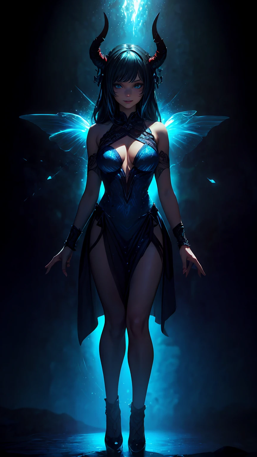 (8k, RAW photo, 最high quality, masterpiece:1.2), High-definition RAW color photo, professional photography, concept art, (((1 demoness))), succubus, demoness, (detailed), (small face), (high detail skin:1.2), cute face, beautiful appearance, (Hair shining in seven colors, blue colored eyes, long hair), (beautiful breasts), (slim body shape:1.4), Highly detailed face and skin texture, (((full body portrait))), ((goddess of the universe:1.2)), fascinating outer space, dramatic lighting, (Fantastic atmosphere:1.5), (Intelligent smile, beautiful), deep shadows and highlights, ((delicate and sacred:1.5, A dress with flowing light, transparent material)), romantic, astral body, governs time and space, Overflowing cosmic energy, ripples of energy, space fairy, star々spectacular cosmic background, reflective,refraction,beautiful skin, shiny skin, (((perfect fingers, five fingers, anatomically correct))), background bokeh, high quality, bright colors, ((award winning photography, Realistic light and shadow with attention to detail)), Immersive 3D rendering, Professional 3D artistry,