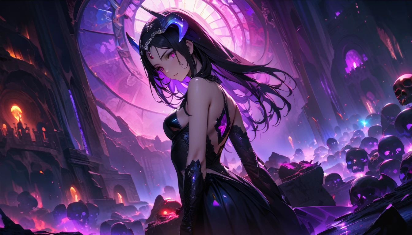 masterpiece, Best quality, 1 girl,photo, Studio photography, from the waist up, upper body, Shoulders back, long hair covers shoulders, headband with black roses and veil, tiara of bloodstones and rubies with black metal, pale-skinned woman with a seductive expression, iridescent skin, Succubus, Twisted Horns, on a throne of stone spikes in the underworld, underworld, afterlife, Surrounded by demons, dark atmosphere, purple lighting, light rays, skull, iridescent scepter, the evening Mediterranean light casts a warm glow on her porcelain skin., High-resolution image, digital painting, Spiritual peace, golden ratio composition, cowboy shot, brilliant, brilliant hair, (night:1.2),Dreamy, [[gentle fingers and hands:0.55]::0.85],(detailed fingers),),(emotional),(breathtaking),(main part:1.2) whole body.), (Anime Style), (Super Detailed), (brutal), (uhd, HDR), (8k), (High Resolution: 1.2), (Complex and Beautiful: 1.2)