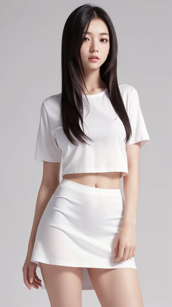 Nipples, Visible through the white shirt (((masterpiece, Highest quality)), No pants, 1 girl, (Realistic: 1.4), alone, White Background, Black Hair, Long Hair, Absolute area, skirt, ((whole body)),  