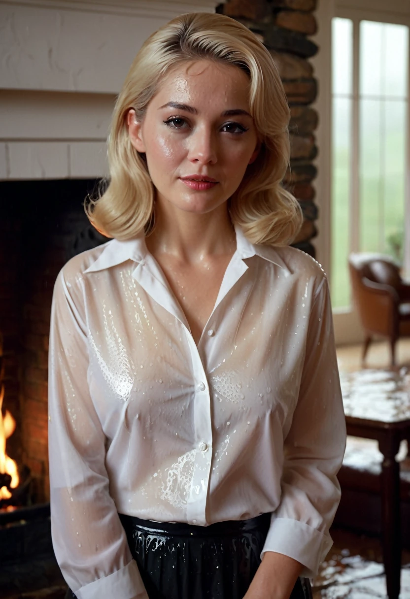 (Sara gadon from the series 22.11.63) as a 60s school teacher in a white blouse, soft focus, vintage, Americana, platinum blonde, 60s film, cinematic, elaborate details, (unbuttoned wet white blouse), caught in the rain, close up, intimate, wet, transparent, sensual, panting by a fireplace