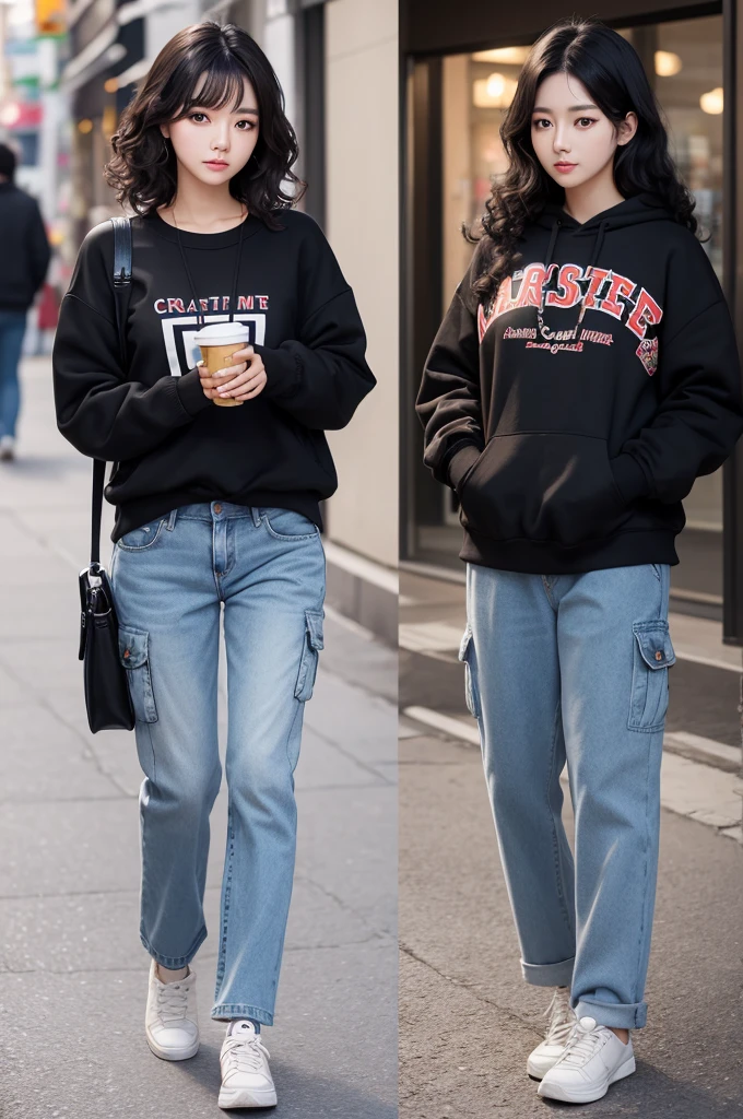 Create an image of a Korean woman with curly black hair, brown eyes, a sweatshirt and cargo jeans 