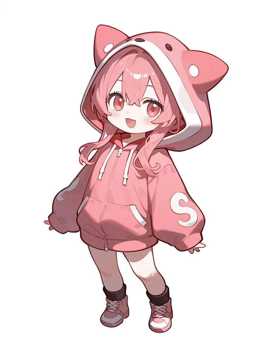 score_9,score_8_superior,score_7_superior,One girl,Pink Hair,alone,hood chibi,bangs,blush,smile,standing,full body,Open your mouth,In-person audience,hoodie,Wearing a hood,Long sleeve,Hair between the eyes,Sleeves are longer than your fingers,white background,