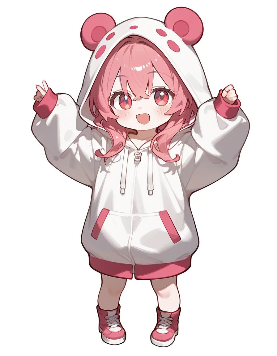 score_9,score_8_superior,score_7_superior,One girl,Pink Hair,alone,hood chibi,bangs,blush,smile,standing,full body,Open your mouth,In-person audience,hoodie,Wearing a hood,Long sleeve,Hair between the eyes,Sleeves are longer than your fingers,white background,