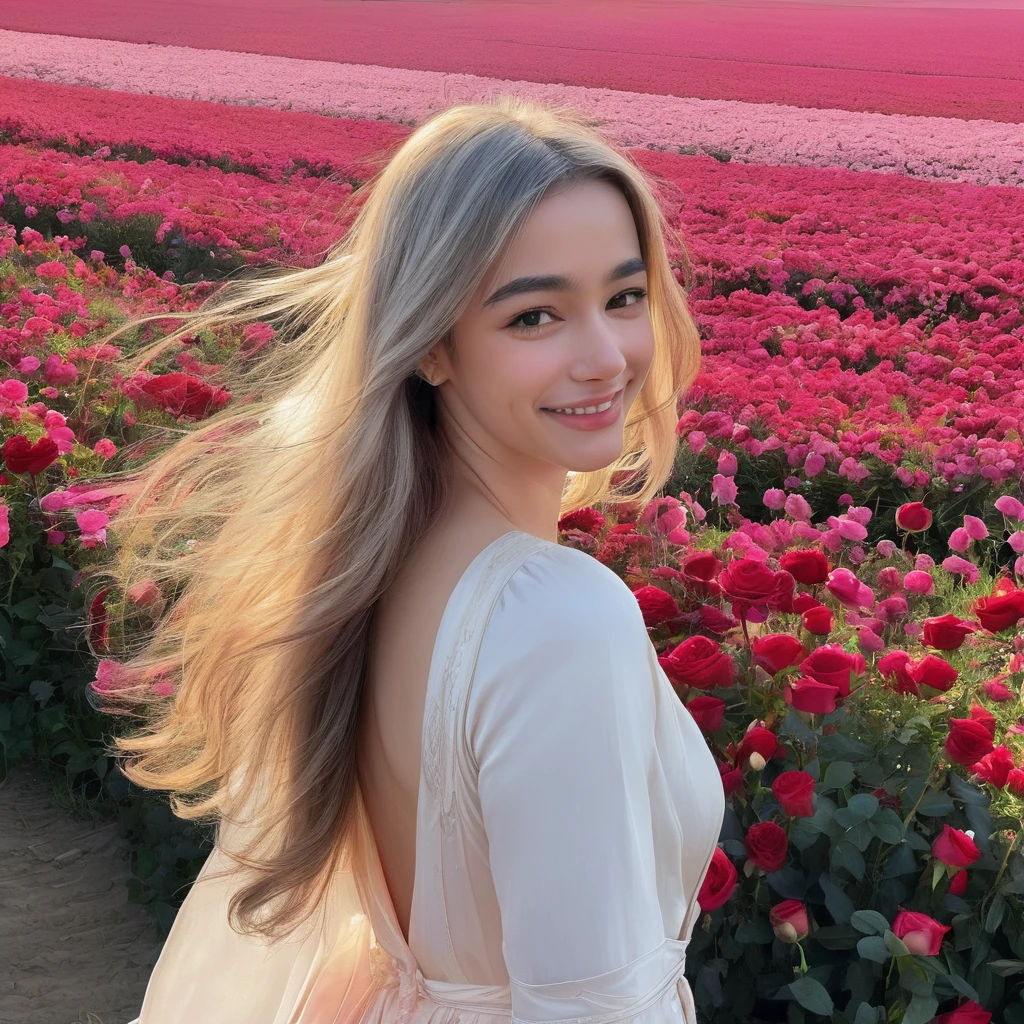 perspective, panorama, perspective, depth of field, bust, upper body, cinematic angle, masterpiece, Best quality, Ultra detailed, computer graphics, 8k wallpaper, Beautiful face, tender eyes, countries, One, smile, silver hair, Golden eyes, bright skin, Strands of hair, red scarf, White evening dress, Pink Field, Red flowers, roses, flower field, petals, Flying petals, smiling