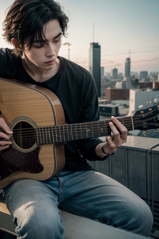 Create a man playing guitar on top of a building