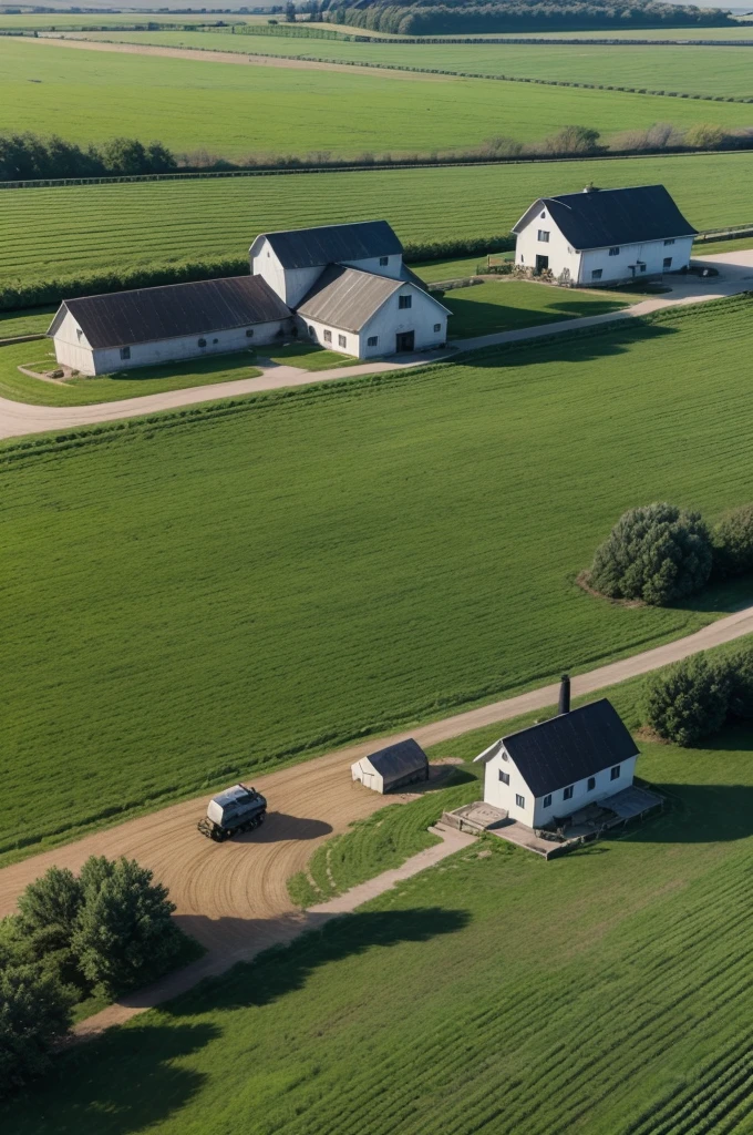 Artistic representation of a farm, drawing of a farm, barn, tractor, gram
