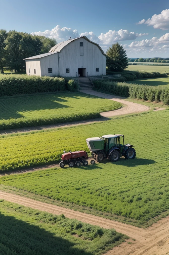 Artistic representation of a farm, drawing of a farm, barn, tractor, gram