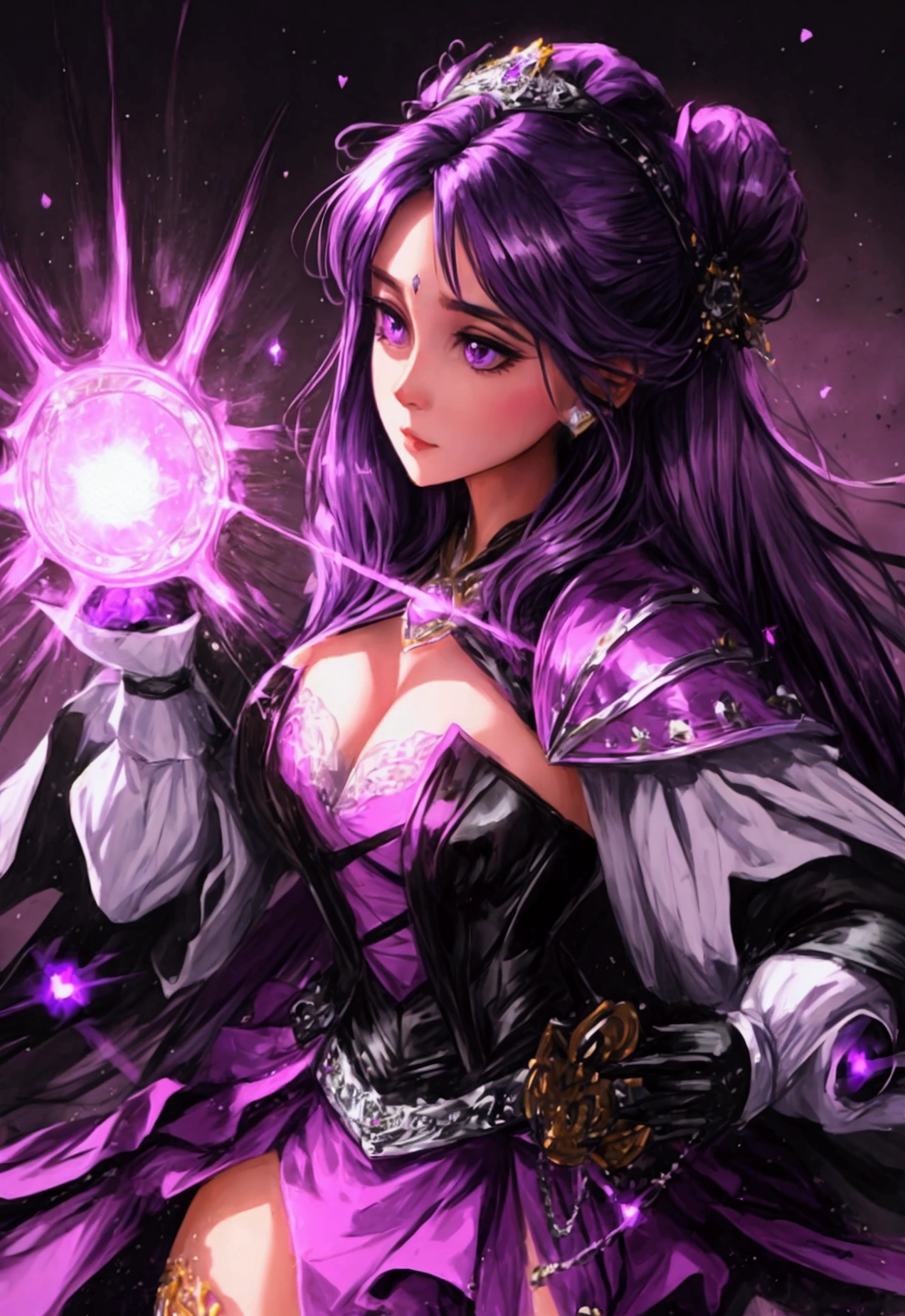 Black and lilac costume and equipment of a heroine with magical powers.