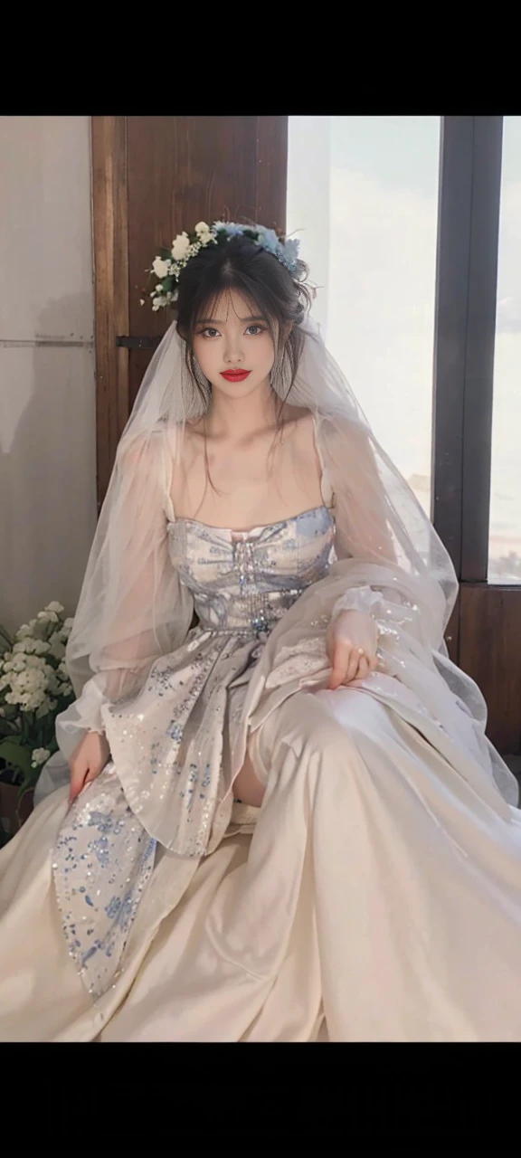 ((best qualtiy, 8K, tmasterpiece:1.3)), A pretty maiden，Pure，Melon seed face，gentle and cute，A sweet smile，Pure desire，Thin stature，(frontage)，(Tilt your head)，staring right into camera，uniform, Obi, formal，Black silky long, Straight hair，Long hair flowing over the shoulders，round black big eyes，Clear big eyes，Hydrated red lips，Sweet，Sit by the road，with blue sky and white clouds，Blue skies，grassy fields，Buildings，