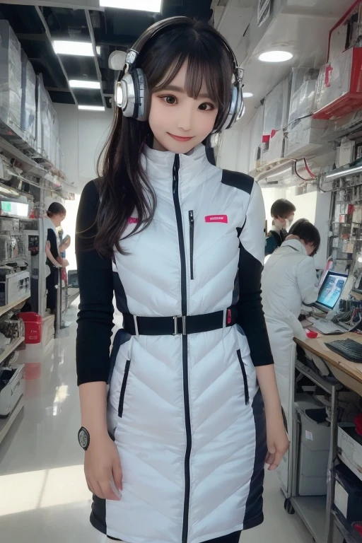 masterpiece, Highest quality, Very detailed, 8K Portrait,Japanese Android Girl,plump , Control panel,Robotic arms and legs, Blunt bangs,,break (Metallic Gray, Metallic luster, Mirror finish, Astro Best):5,headphone:5,break (Black sleeves):100,Smart Watches,Futuristic space station,Control Room,break headphone,blue eyes,(Black Hair):2,(Long Hair):1.3,Viewer Display,(respirator),break blush:3,Hidden Hand,smile