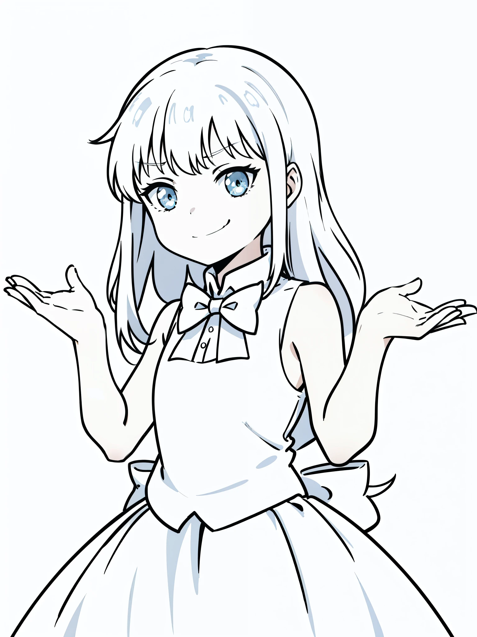 (1girl,8 years old,small),white hair,long hair,white dress, sleeveless, bow tie, bare shoulders,(white background,line drawing),angry,smile,upper body,looking at view,from below,shrugging