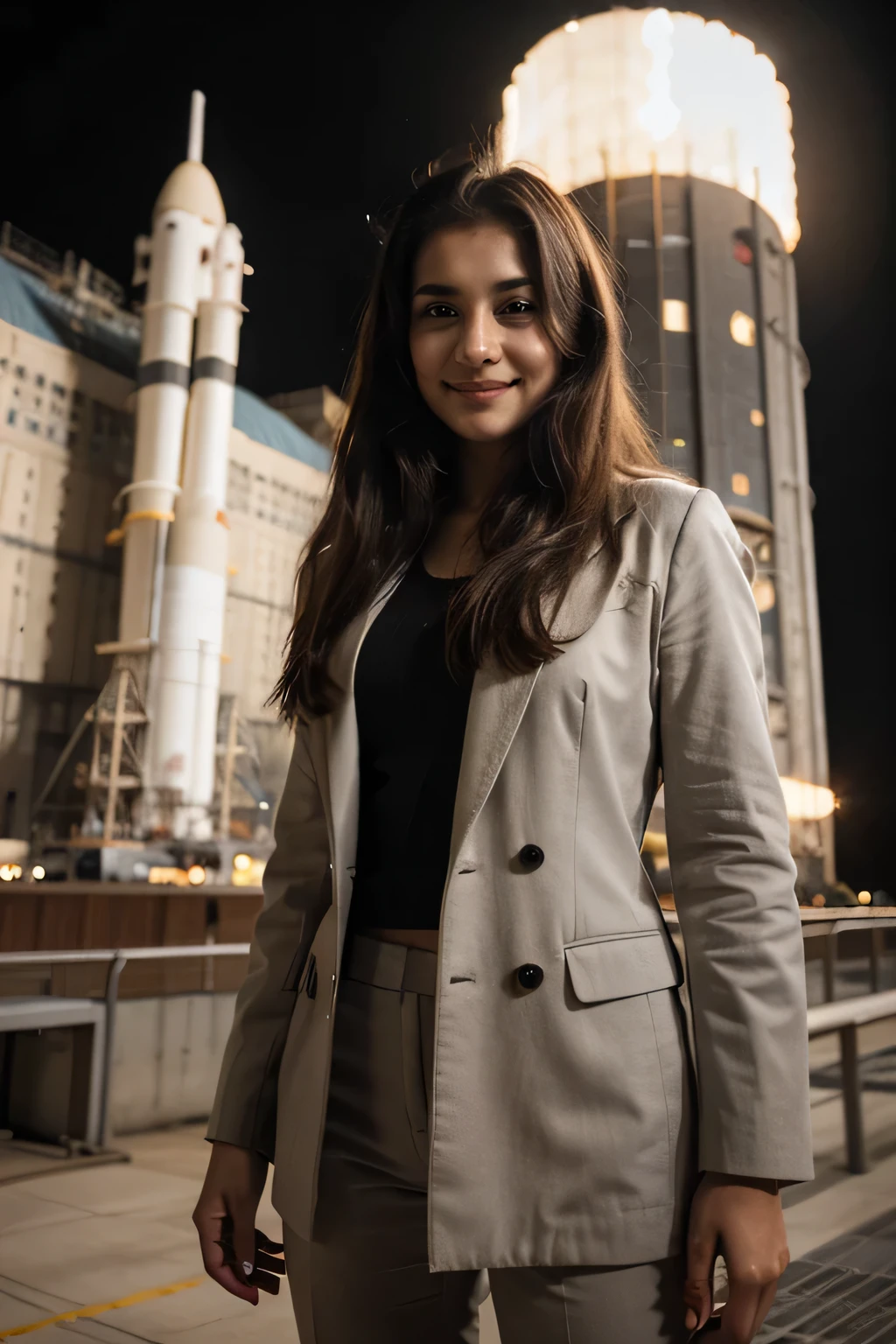 A 21 year old beautiful Indian girl with long hair smiling face beautiful eyes ponytail hairstyle wearing suit coat pant dark standing in space centre a large rocket under construction background 