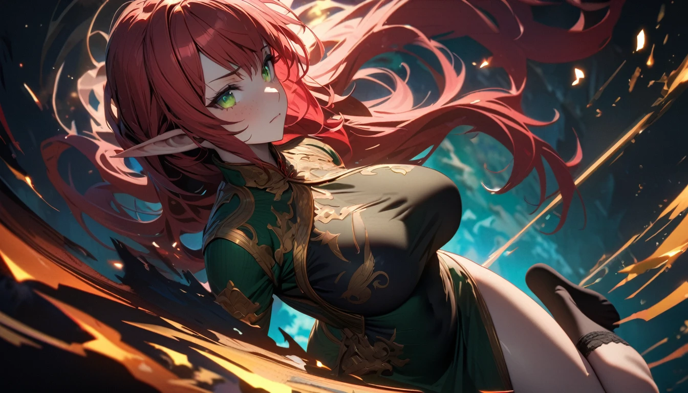 masterpiece, Best quality, 1 girl,photo, w(red-crimson hair) elf ears, freckles, adult woman, sculpted body, Super detailed hand, super detailed face, Hyper detailed body, (emerald green eyes), Big breasts, concentrated eyes, Quite detailed eyes, pale skin, Flushed face, (( in a long black Chinese dress)), Body hair longo, Body hair (connected), serious expression, Frowning eyes, partes do full body, Whole limbs, ((full body)), Gorgeous fur, a high resolution, 4K, The waist is thin, small foot, role model, best quality specialist, (long black sock), good lighting, simple background, darkness background, High-resolution image, digital painting, Spiritual peace, golden ratio composition, cowboy shot, brilliant, brilliant hair, (night:1.2),Dreamy, [[gentle fingers and hands:0.55]::0.85],(detailed fingers),),(emotional),(breathtaking),(main part:1.2) whole body.), (Anime Style), (Super Detailed), (brutal), (uhd, HDR), (8k), (High Resolution: 1.2), (Complex and Beautiful: 1.2)