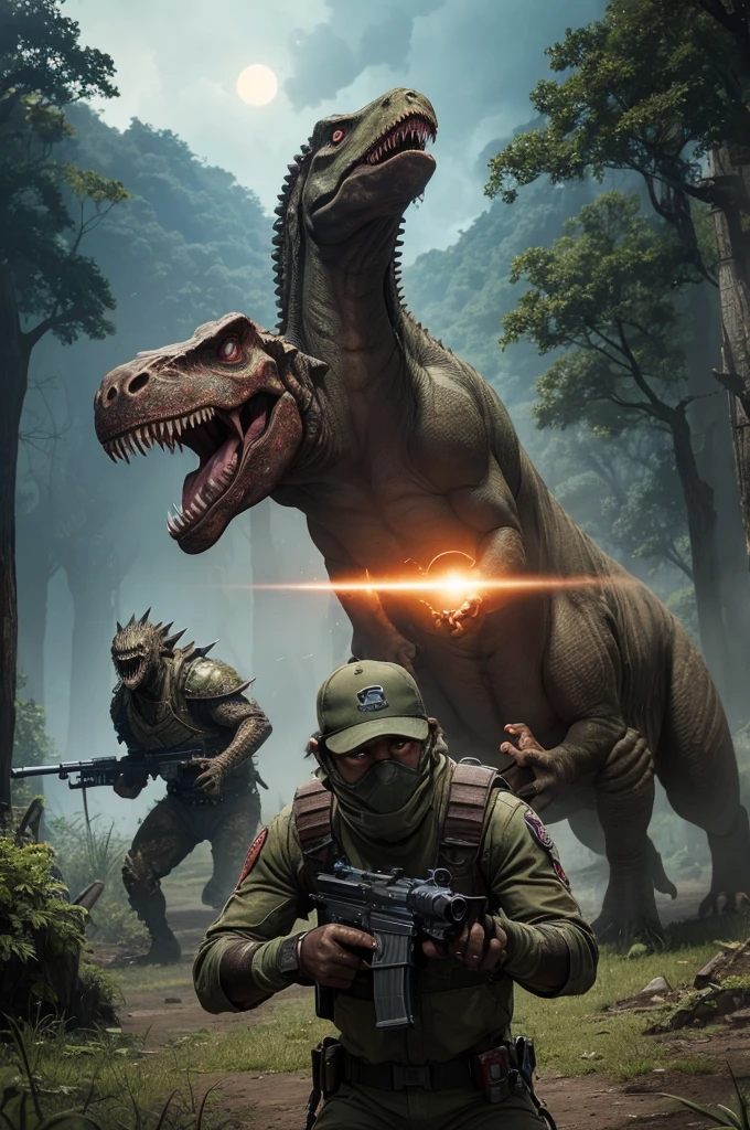 1 survivor,facing dinosaurs stronger than a t-rex,zombies,SUPER unique and modified created by a virus,on a planet similar to planet Earth,without civilization,just a few people there,where the whole planet is a jungle,com dinossauros zombies,in which 3 survivors with Super ADVANCED technological armor,with two uzis that shoot plasma,in which the UZIS are the size of a shotgun, all ultra-advanced technology,with a medium rainfall climate.