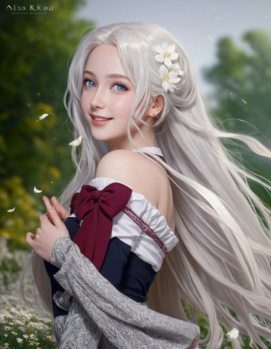 NSFW,realistic image, detailed image, coherent image, 1 beautiful girl, she has very long hair, white hair, light blue eyes, smiling expression. She is wearing a long-sleeved t-shirt, showing her navel, a pleated miniskirt, sneakers, She has a curvy body, medium breasts and thick thighs, She is posing sensually, lifting her skirt a little, arching her back, black background, uniform background, starry night, flower petals falling around, Soft focus, full body view, Dramatic shadows, Volumetric lighting, natural lighting,Alisa Mikhailovna Kujou,ahoge