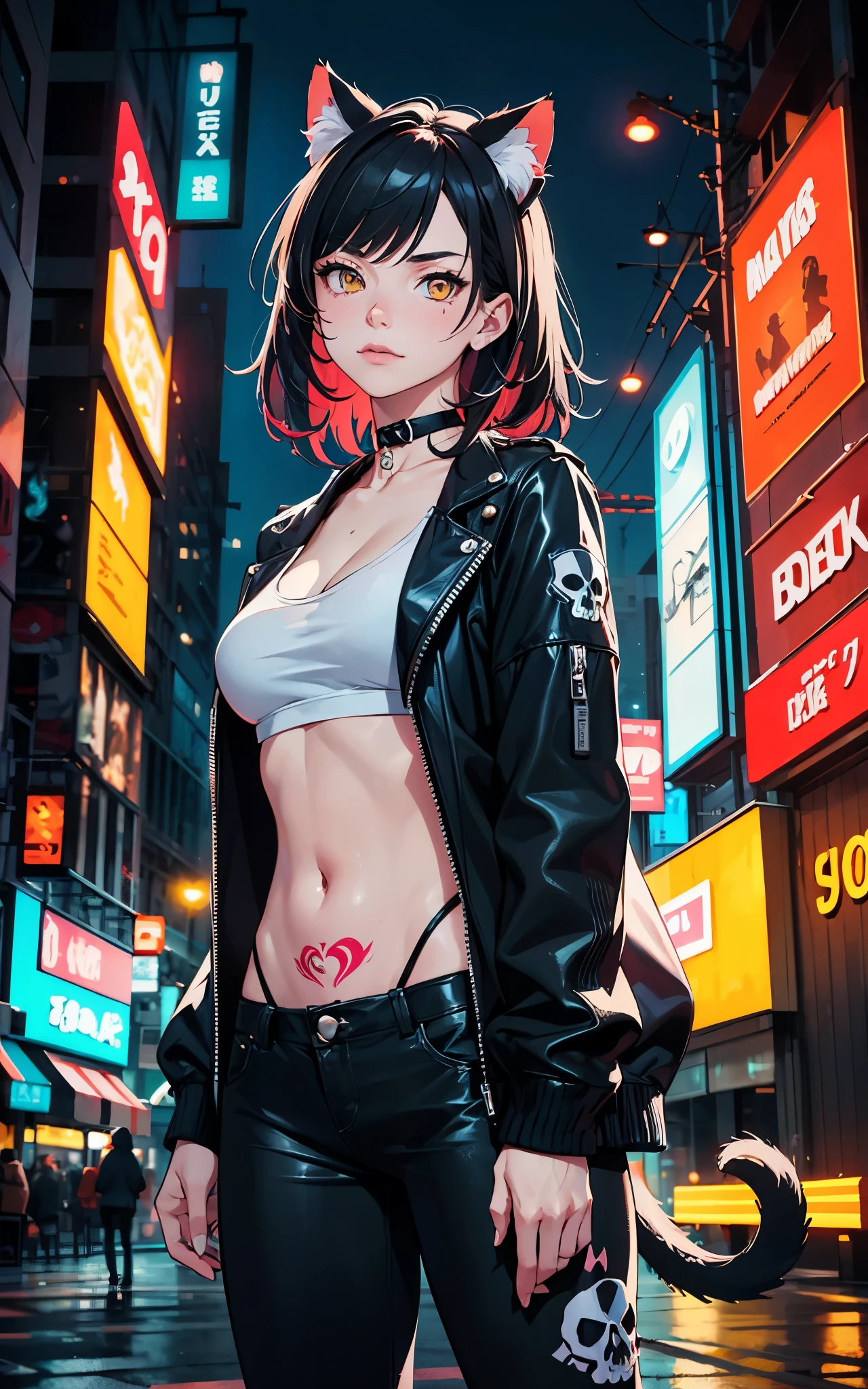 (Evangeline Lilly) Digital illustration featuring a anthropomorphic feline+paws+claw+tail with a striking appearance set against a vibrant, neon-lit urban background. She has human face and black hair with a prominent white streak, styled in a modern. She has yellow eyes. Her skin is fair with a strong complexion, and she has distinct facial features including sharp eyebrows, amber-colored eyes. She wears cat ears on her head, adding a playful yet fierce element to her look. Her attire includes a black choker and a black jacket. A noticeable tattoo of a skull with a gear design is visible on her upper arm. The background is filled with colorful, blurred neon signs in various shapes and sizes, contributing to the cyberpunk aesthetic of the image.
