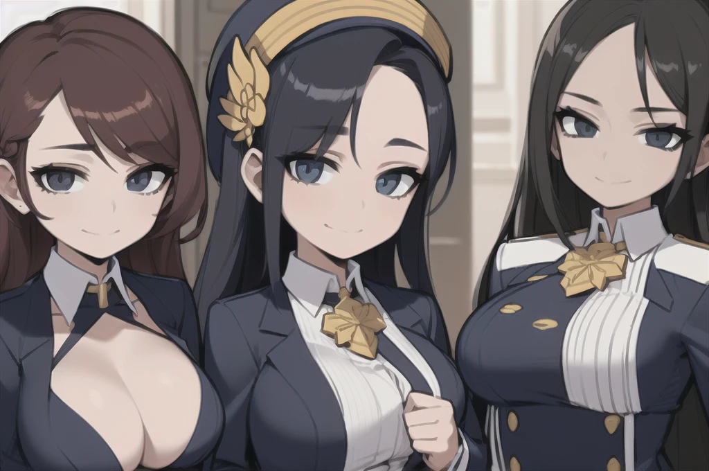 three sexy women in navy outfits who are wives of 4  boy, portrait, cute smiles, various hair