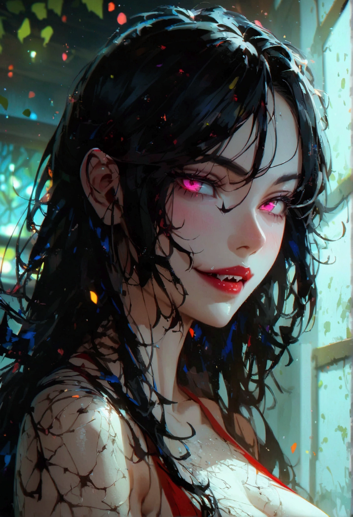 anime beautiful demon women, shark teeth, long hair, night, (standing in the dark room), eyes, wicked smile, detailes, 4k, room, full body, naked, sexy