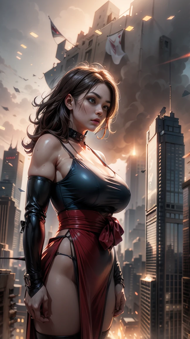 A modern-day warrior woman draped in her country's flag, standing atop a hill with a cityscape below, the scene rendered in dramatic lighting that emphasizes her strength and the dynamic composition of the patriotic theme.