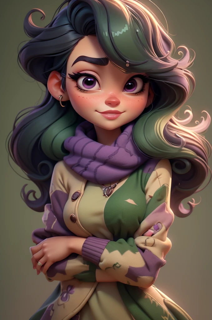 create an 3d illustration, model realistic, exuberant, woman sofisticaded, luxury, realistic, scarf purple in neck, nitid, pixar style, big eyelash, stylish, snobbish face, arched eyebrow, green glitter dress, using burgundy lipstick, straight short dark green hair, look for the camera, white background, center photo
