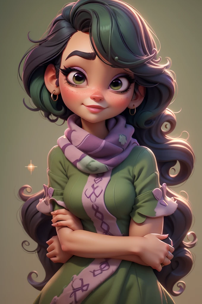 create an 3d illustration, model realistic, exuberant, woman sofisticaded, luxury, realistic, scarf purple in neck, nitid, pixar style, big eyelash, stylish, snobbish face, arched eyebrow, green glitter dress, using burgundy lipstick, straight short dark green hair, look for the camera, white background, center photo