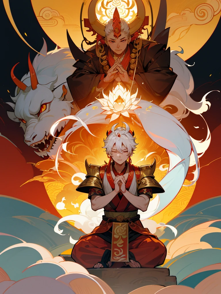 Dragon God Kannon Bodhisattva,Burning eyes, Horn, White shorthair, Black Armor, torii, male, Actor Shaka, Praying with hands together, Zen meditation Golden lion Dragon machine fusion Lotus flower field Paradise God and Buddha fusion