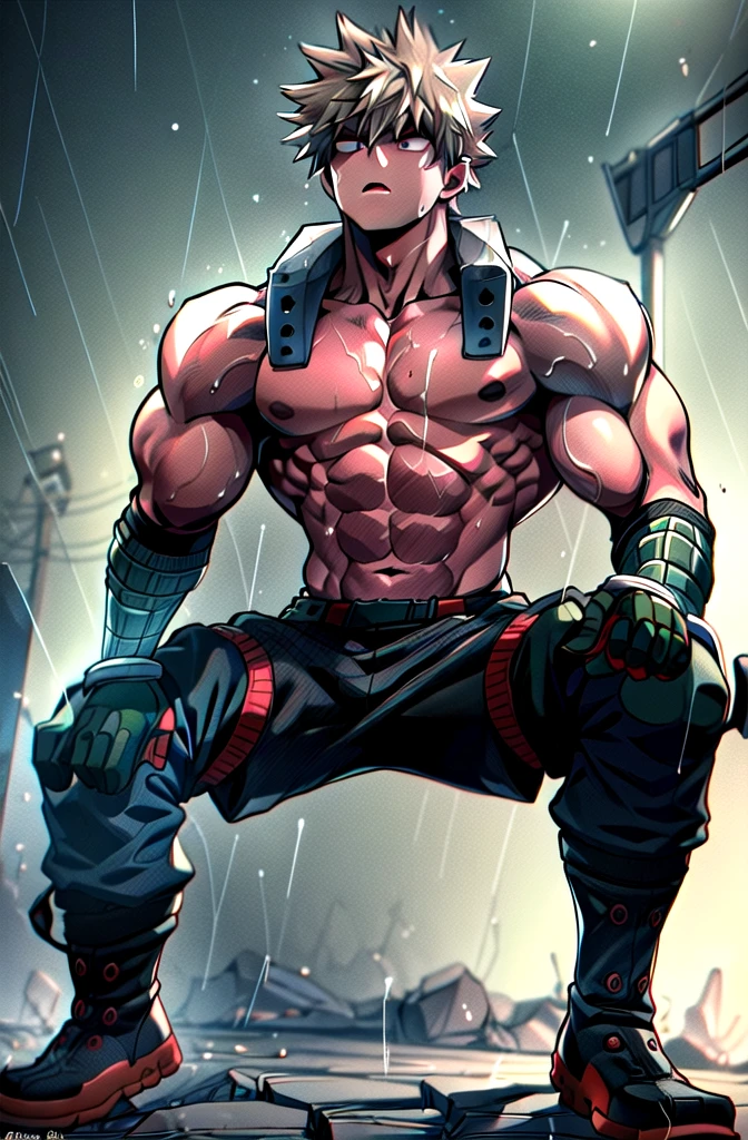 ((​masterpiece,best quality, detailed)), 1 boy, male focus, outside, ruins, squat, natta, lamppost, Nebula, Rain,
Bakugou Katsuki, two-tone gloves, green belt, high collar, Body, superhero, knee pad, black pants, boots, look up, (, muscular legs , muscular arms, Muscular upper body, muscular abdominal muscles , muscular shoulders)extremely muscular,muscular legs , muscular arms, Muscular upper body, muscular abdominal muscles , muscular shoulders, muscular body)