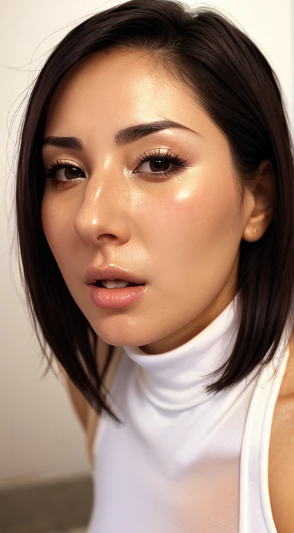 Beautiful Japanese actresses、1 girl,flying debris,Anatomically correct,Award-winning photo, Very detailed,Face Focus, Big double eyes(Woman with open mouth and closed eyes ), 30 years old、Black Hair、Glowing Skin、(((Face close-up)))、Realistic nostrils、Long and narrow nasal cavity,、In the toilet、(On the floor of a public toilet)、Squat、((White turtleneck sleeveless dress))、Big Breasts、(Sharp Nose)Frowning 表現:1.4,,Facial Expressions,Frowning,please raise your head、Skin shiny with sweat,Oily facial skin,Biting your lip,Tied Hair,Wearing a tank top,Please put your nose closer to the camera,((Open your mouth wide to receive something))View your audience, (((Damp philtrum))),((Face close-up)),(((Close-up of the nose)))(((Frowning, Raise your eyebrows)))((hyper realistic detail shiny skin,Detailed beautiful delicate face,extremely detailed nose))