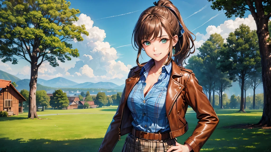 1girl, solo, village, trees, sun, clouds, ((brown hair)), ponytail, large breasts, ((brown leather jacket)), button down shirt, ((blue checked shirt)), ((unbuttoned shirt)), unbuttoning buttons, cleavage 1:3, green eyes, long skirt, brown boots, smile, happy, looking at the viewer, standing, hair ribbon, golden necklate