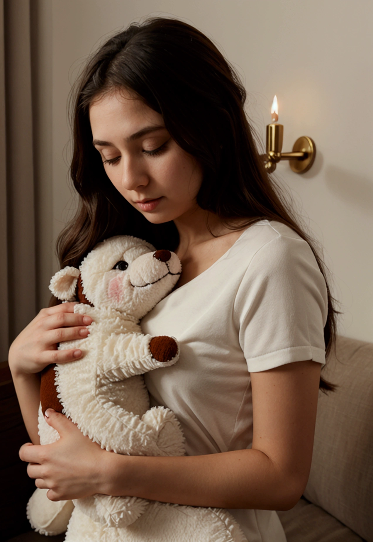 a woman hugging a stuffed animal