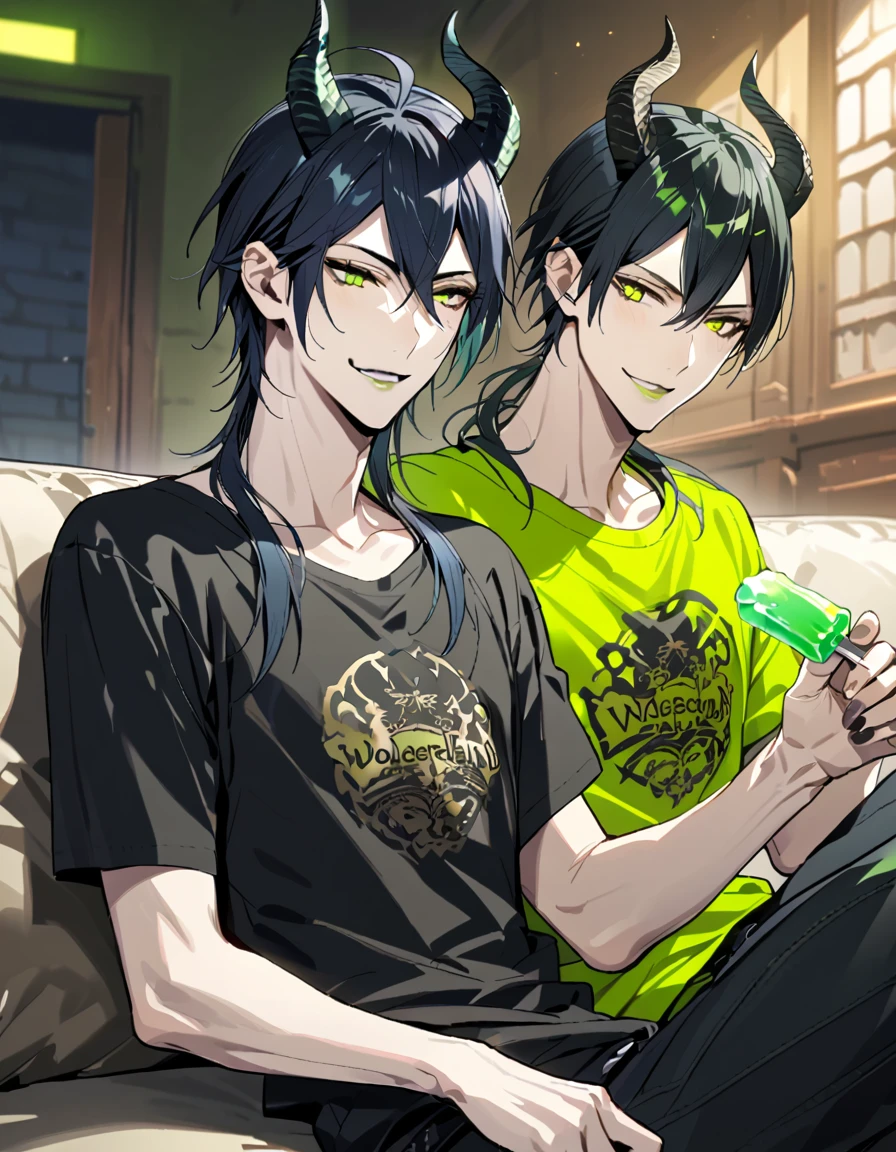 masterpiece, best quality, extremely detailed, anime , upper body, ((2boys)), BL, male focus, ikemen:1.5, looking at each other, holding ice candy, T-shirt, short sleeves, room, sitting on sofa,full body, malleus draconia (twisted wonderland) horns, bishounen, boy, male, yana Toboso style, long hair, black hair, yellow green eyes, smile, gray lips, handsome, skinny, tall, yellow green glow,AddXL