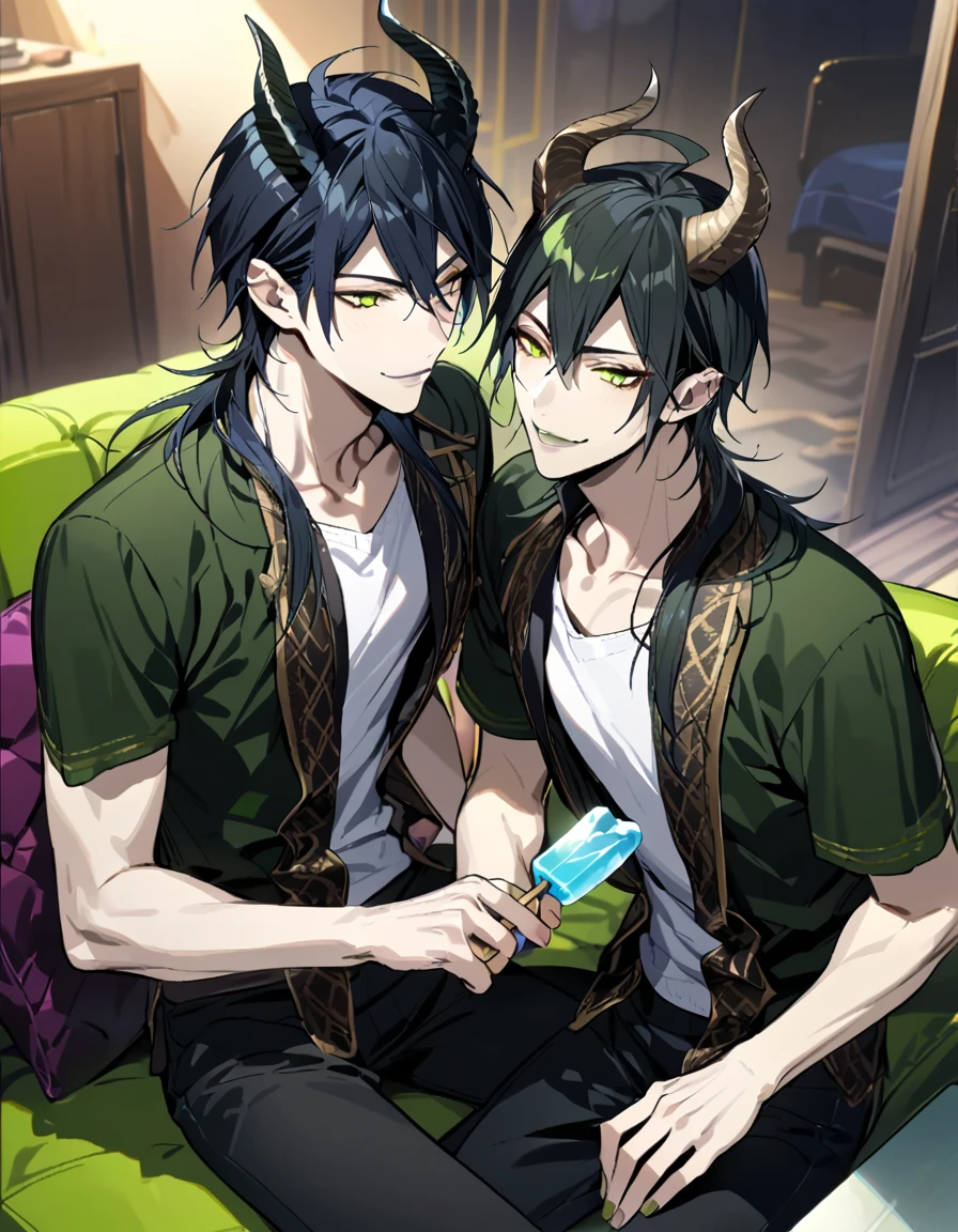 masterpiece, best quality, extremely detailed, anime , upper body, ((2boys)), BL, male focus, ikemen:1.5, looking at each other, holding ice candy, T-shirt, short sleeves, room, sitting on sofa,full body, malleus draconia (twisted wonderland) horns, bishounen, boy, male, yana Toboso style, long hair, black hair, yellow green eyes, smile, gray lips, handsome, skinny, tall, yellow green glow,AddXL