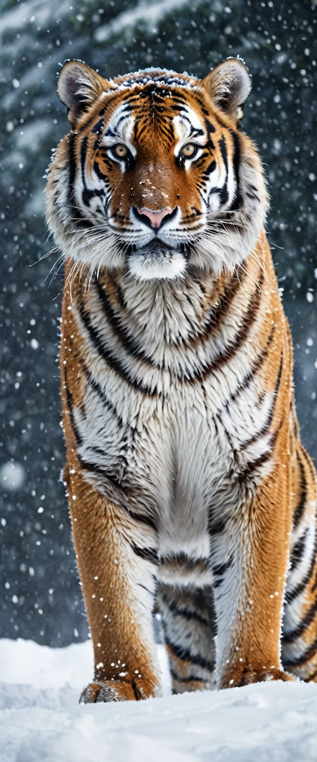Realistic image, a majestic Siberian tiger, protecting itself from heavy snowfall, realistic photo