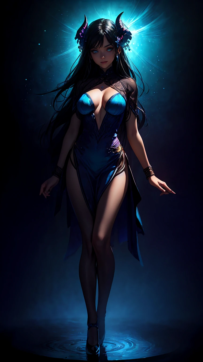 Portrait, (8k, RAW photo, 最high quality, masterpiece:1.2), High-definition RAW color photo, professional photography, concept art, (((1 demoness))), succubus, demoness, (detailed), (small face), (high detail skin:1.2), cute face, beautiful appearance, (Hair shining in seven colors, blue colored eyes, long hair), (beautiful breasts), (slim body shape:1.4), Highly detailed face and skin texture, (((full body portrait))), ((goddess of the universe:1.2)), fascinating outer space, dramatic lighting, (Fantastic atmosphere:1.5), (Intelligent smile, beautiful), deep shadows and highlights, ((delicate and sacred:1.5, A dress with flowing light, transparent material)), romantic, astral body, governs time and space, Overflowing cosmic energy, ripples of energy, space fairy, star々spectacular cosmic background, reflective，refraction，beautiful skin, shiny skin, (((perfect fingers, five fingers, anatomically correct))), background bokeh, high quality, bright colors, ((award winning photography, Realistic light and shadow with attention to detail)), Immersive 3D rendering, Professional 3D artistry,