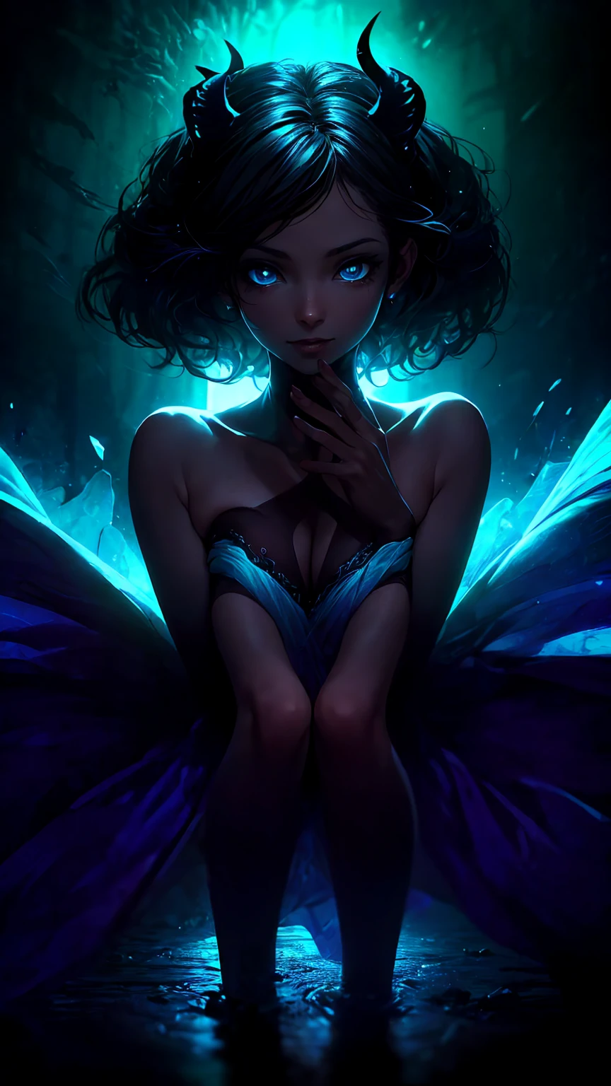 (8k, RAW photo, 最high quality, masterpiece:1.2), High-definition RAW color photo, professional photography, concept art, (((1 demoness))), (detailed), (small face), (high detail skin:1.2), cute face, beautiful appearance, (Hair shining in seven colors, blue colored eyes, long hair), (beautiful breasts), (slim body shape:1.4), Highly detailed face and skin texture, (((full body portrait))), ((goddess of the universe:1.2)), fascinating outer space, dramatic lighting, (Fantastic atmosphere:1.5), (Intelligent smile, beautiful), deep shadows and highlights, ((delicate and sacred:1.5, A dress with flowing light, transparent material)), romantic, astral body, governs time and space, Overflowing cosmic energy, ripples of energy, space fairy, star々spectacular cosmic background, reflective，refraction，beautiful skin, shiny skin, (((perfect fingers, five fingers, anatomically correct))), background bokeh, high quality, bright colors, ((award winning photography, Realistic light and shadow with attention to detail)), Immersive 3D rendering, Professional 3D artistry,