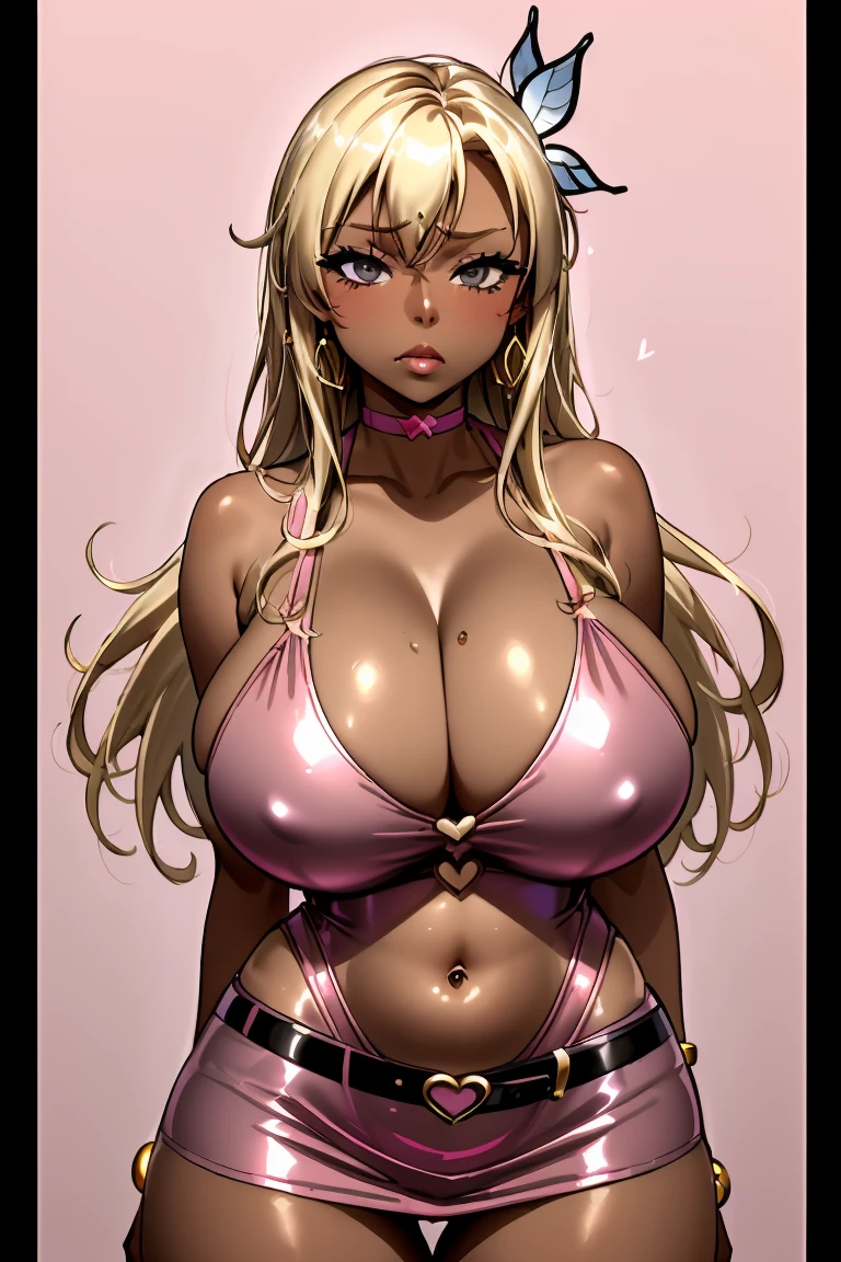 (masterpiece, Highest quality:1.2), Cowboy Shot, alone, One girl, costume, (Dark Skin), very Dark Skin, kashiwazaki sena, Earrings, Grey Eyes, Swept-apart bangs, Very long hair, Long eyelashes, compensate, (Blonde:1.2), Mature Womge breasts, (Huge b1.2), Cleavage,button, (thick, Wide Hips,
tigskin tight, Heavy breathing, Waist cutout, Bodycon, Micro Dress, (Pink Dress), Cleavage, Thighs, Pink latex, Shiny clotheet tights, View your viewers, Bare shoulders, Elbow hand pockets, belt choker, bracelet, Earrings, jewelry, Gold Chain, Heart Shape, Oily skin,
