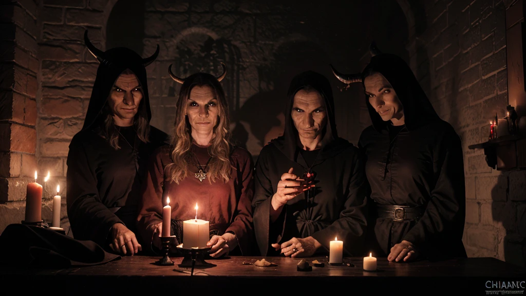 a satanic ritual, men in black robes, three demonic faces, sacrificing animals with blood, candles and human skulls, dark occult, chiaroscuro lighting, realistic, photorealistic, ultra-detailed, 8K, highly detailed, dramatic shadows, cinematic, moody atmosphere, deep crimson red, dark gothic, masterpiece