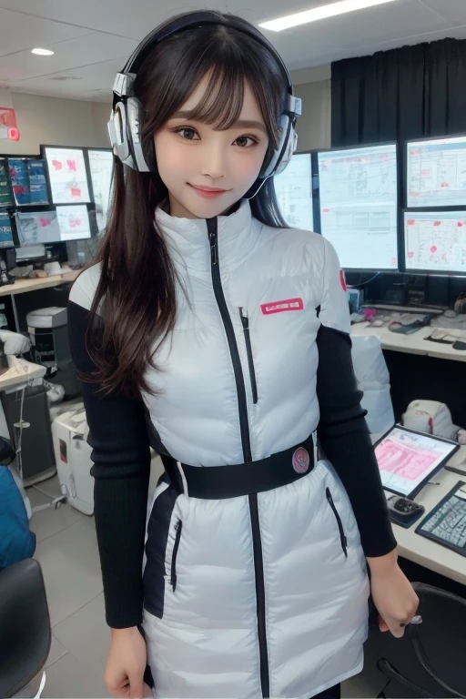 masterpiece, Highest quality, Very detailed, 8K Portrait,Japanese Android Girl,plump , Control panel,Robotic arms and legs, Blunt bangs,,break (Metallic Gray, Metallic luster, Mirror finish, Astro Best):5,headphone:5,break (Black sleeves):100,Smart Watches,Futuristic space station,Control Room,break headphone,blue eyes,(Black Hair):2,(Long Hair):1.3,Viewer Display,(respirator),break blush:3,Hidden Hand,smile