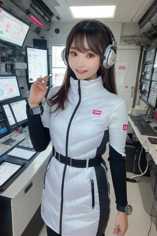 masterpiece, Highest quality, Very detailed, 8K Portrait,Japanese Android Girl,plump , Control panel,Robotic arms and legs, Blunt bangs,,break (Metallic Gray, Metallic luster, Mirror finish, Astro Best):5,headphone:5,break (Black sleeves):100,Smart Watches,Futuristic space station,Control Room,break headphone,blue eyes,(Black Hair):2,(Long Hair):1.3,Viewer Display,(respirator),break blush:3,Hidden Hand,smile