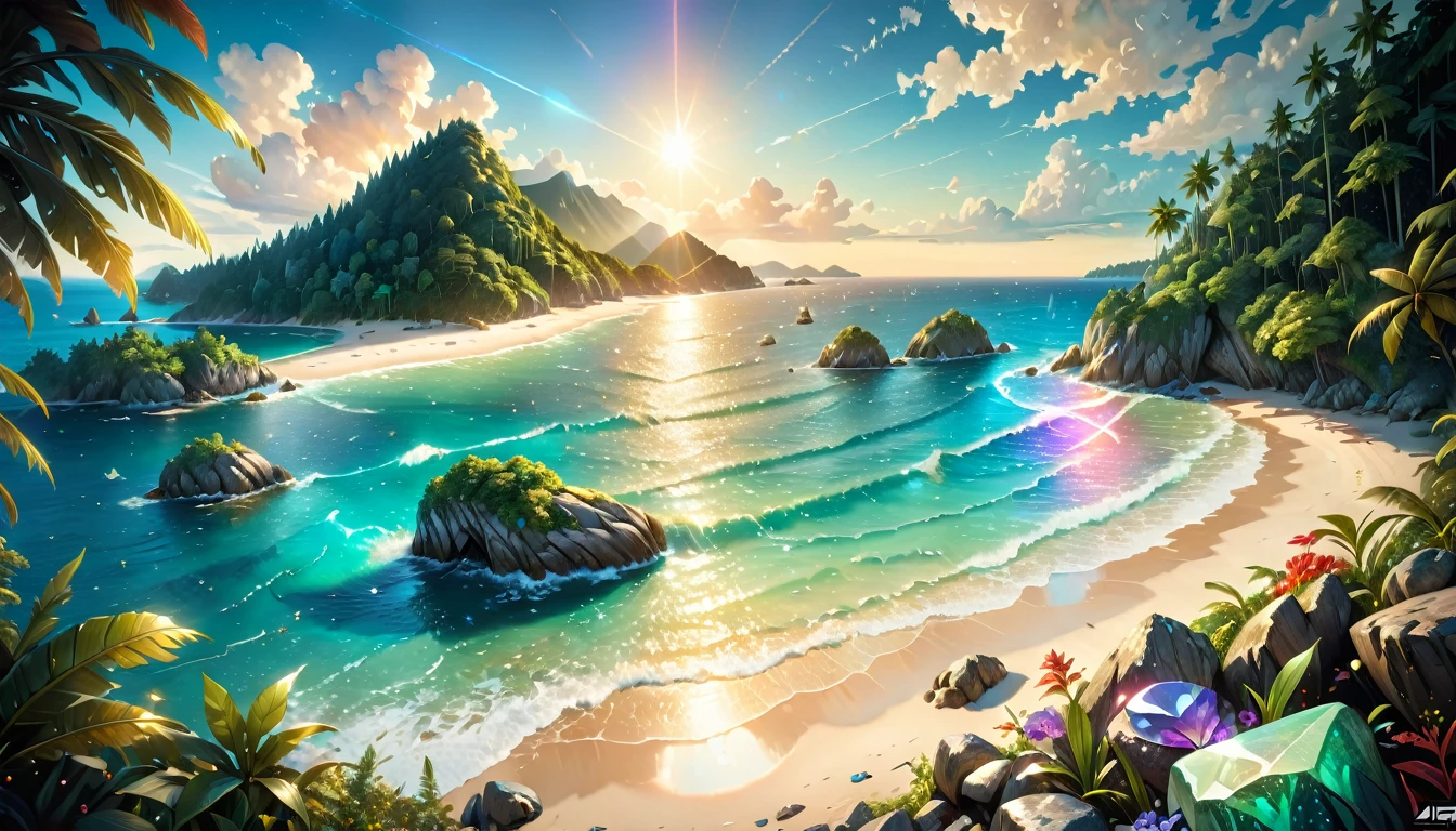 natural gemstones shine brightly, sea seen beyond the forest, (masterpiece:1.2), best quality, high quality, ultra high res, (hyper detailed), absurdres, absolutely resolution, 4K, ultra HD, insanely detailed and intricate, high resolution, HDR, detailed background,