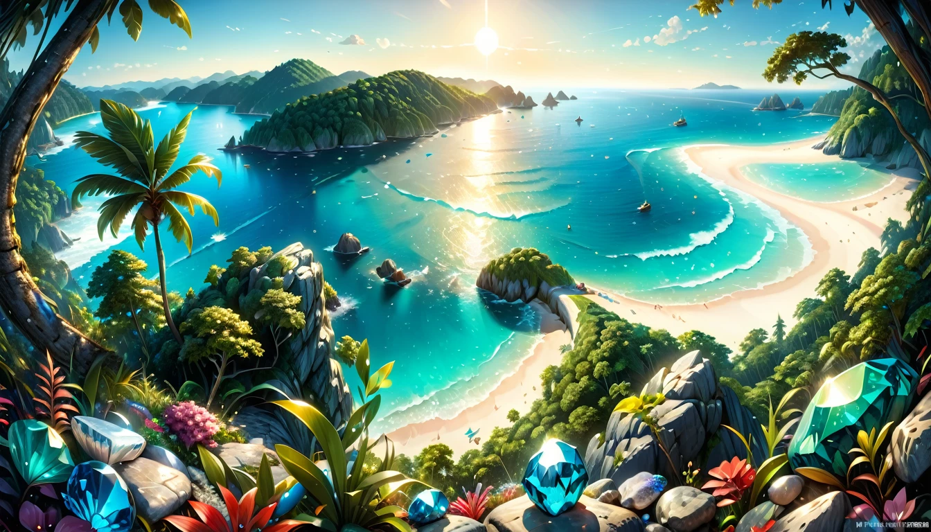 natural gemstones shine brightly, sea seen beyond the forest, (masterpiece:1.2), best quality, high quality, ultra high res, (hyper detailed), absurdres, absolutely resolution, 4K, ultra HD, insanely detailed and intricate, high resolution, HDR, detailed background,