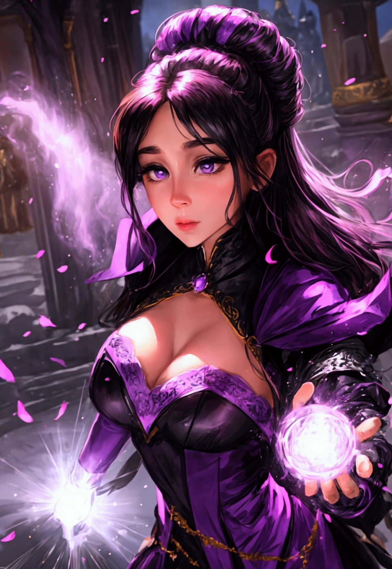 "Photography: dark magician gils sorceress under the moonlight, en un bosque encantado, espectros volando, espeluznante, atmospheric, Hora dorada, encantador, Oscuro y encantador." Magical castle in the background.