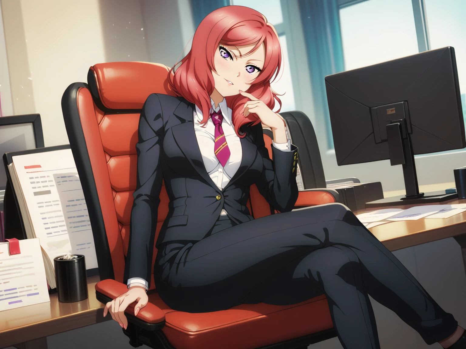 masterpiece, best quality,solo, nishikino maki,red hair, purple eyes, black formal suit, pants, sitting , crossed legs ,neck tie, Sexual seduction, sexualised ,in office , front view , busty breasts 