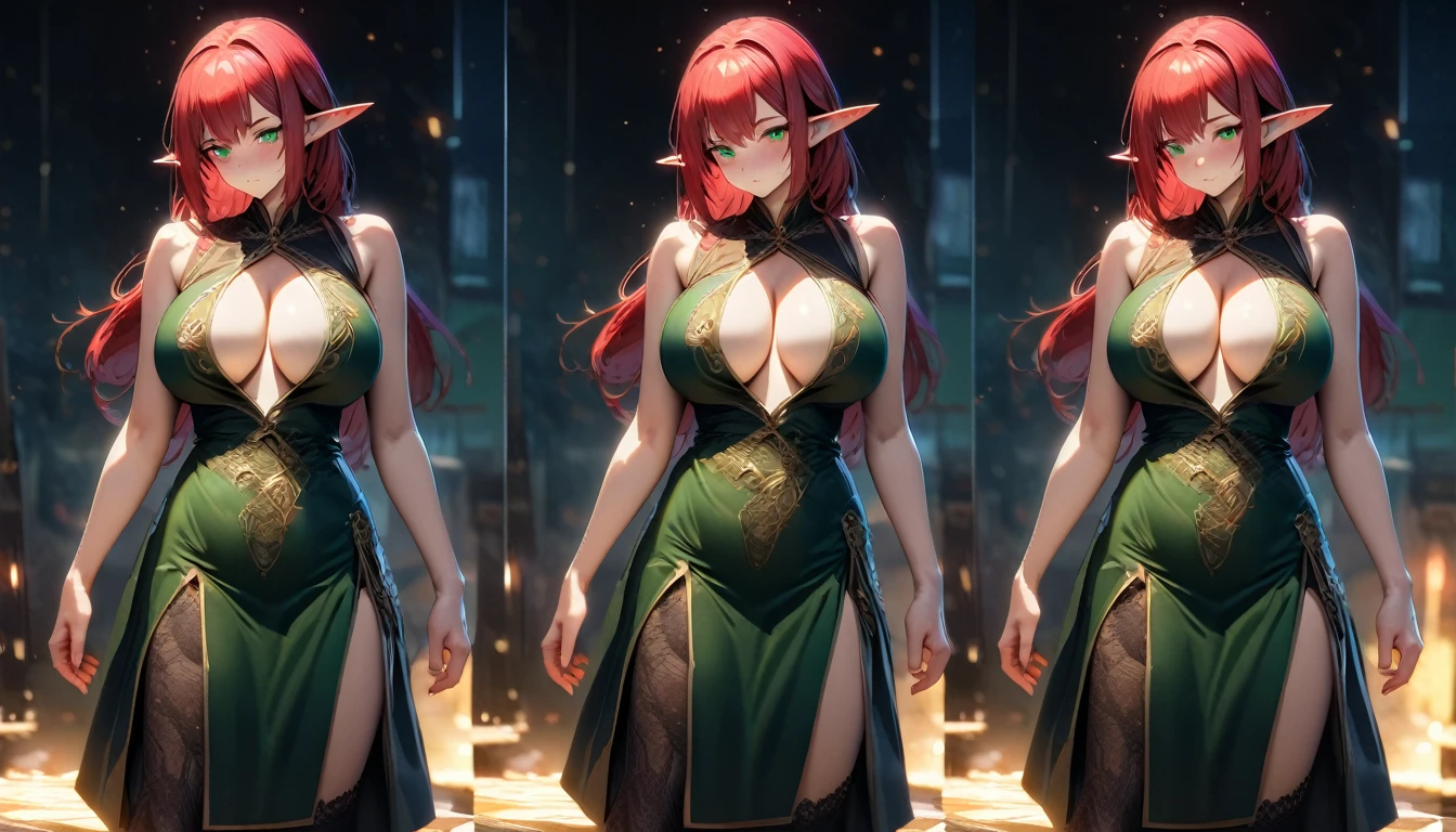 elf woman, with huge breasts and slim body, light green hair, green eyes, elegant gloves, high white boots with zippers, mini skirt, corset, low-cut blouse, character design in various perspectives, front, back, 3/4, profiles