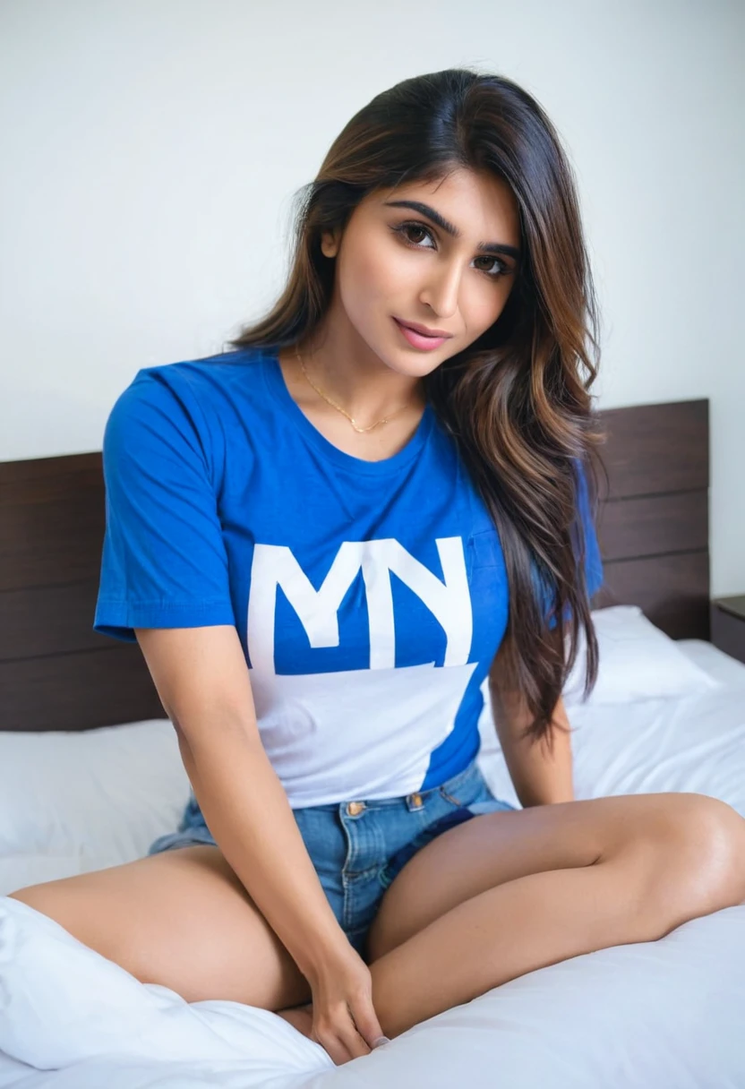 there is a woman sitting on a bed with a white shirt, posing in bed, mia khalifa, posing in a bedroom, indian, casual pose, attractive pose, sexy pose, wearing in shirt, very sexy pose, sitting on the bed, cute , sitting on her bed, on the bed, sitting on a bed, blue tight tshirt